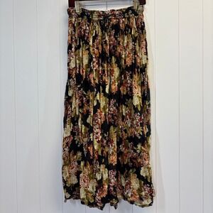 Vintage Zontee Womens Boho Floral Crinkle Maxi Skirt OS Cottage Festival Hippie